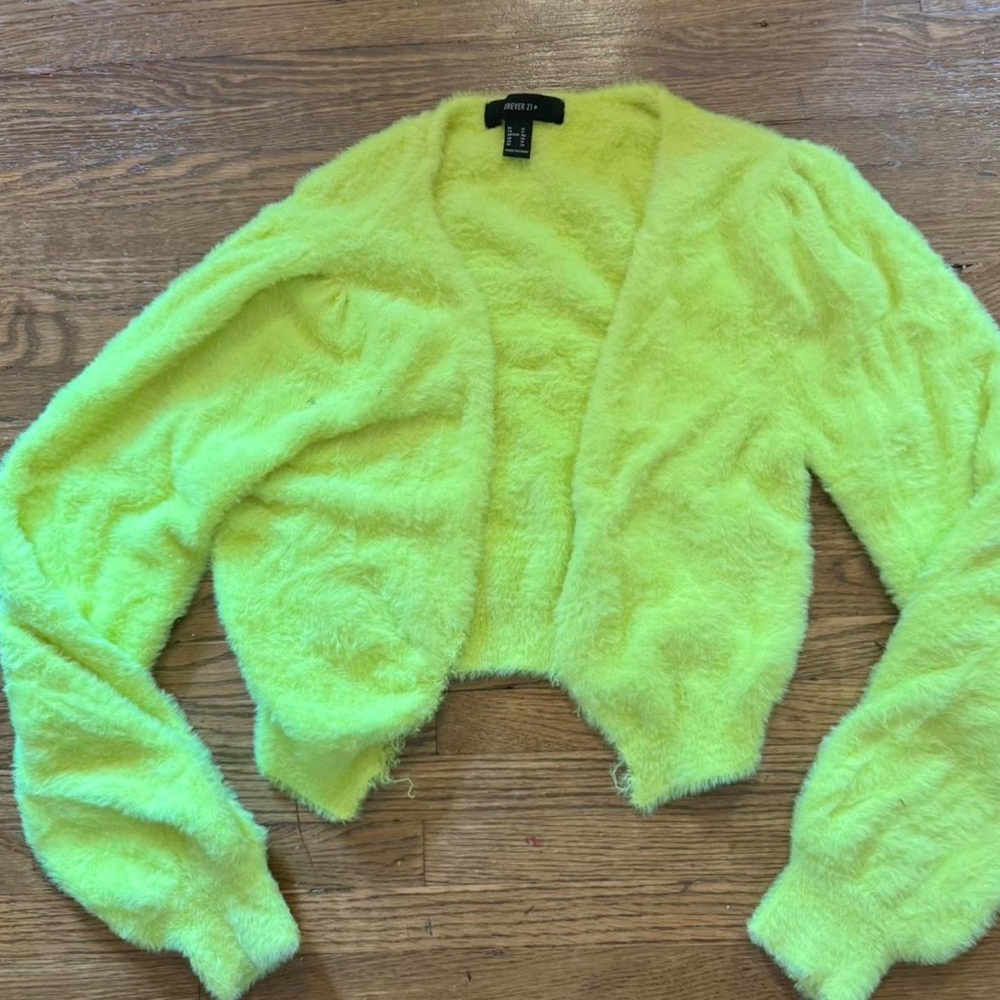 Forever 21 Neon Yellow Fuzzy Cropped Cardigan